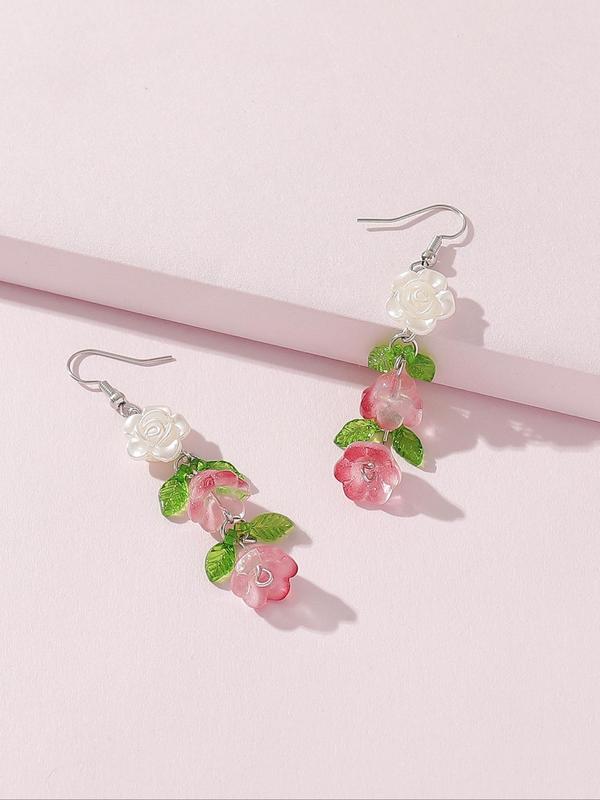 Women's Elegant Flower & Leaf Design Dangle Earrings, 1 Pair Trendy Cute Dangle Earrings, Chic Sweet Jewelry As Gift for Girlfriend