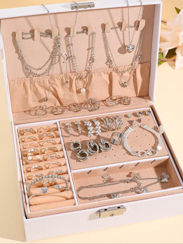 Women's Elegant Jewelry Set, 53pcs Exquisite Jewelry without Box, Including Faux Pearl & Rhinestone Earrings, Tennis Bracelet & Infinity Symbol Chain & Heart Open Bangle Bracelet, Braided Ring, Open Ring, Butterfly & Star & Moon Necklace, Perfect As Gift