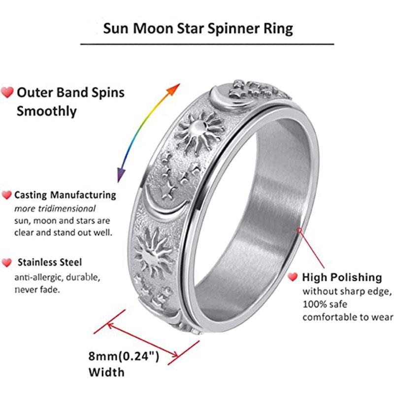 Rotatable Ring Moon Sun Star Ring Stainless Steel Boho Jewelry for Men Women with Gift Box