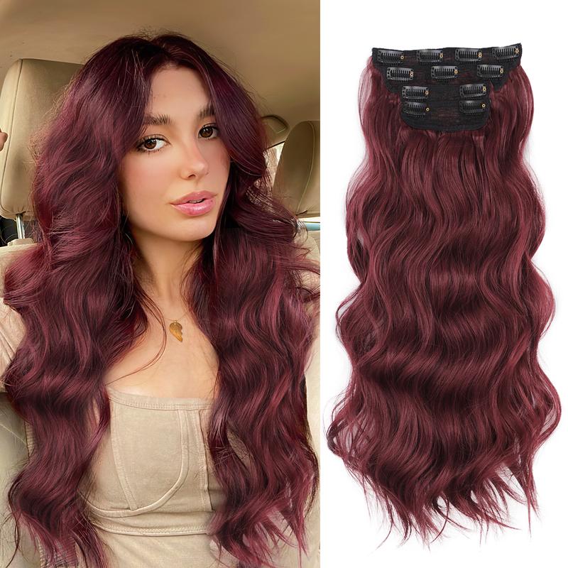 QGZ Hair Extensions Burgundy Clip in Hair Extensions 4PCS Thick Synthetic Long Wavy Hairpieces for Women 20 Inch