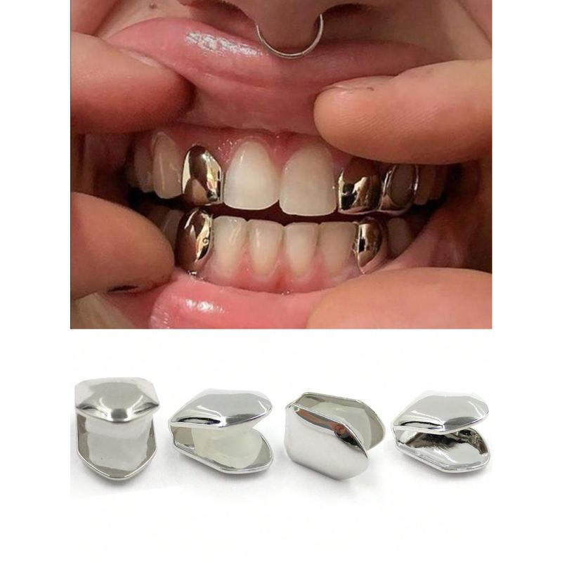 4pcs Set Trendy European & American Hip Hop Gold Plated Single Tooth Grillz, Hiphop Jewelry