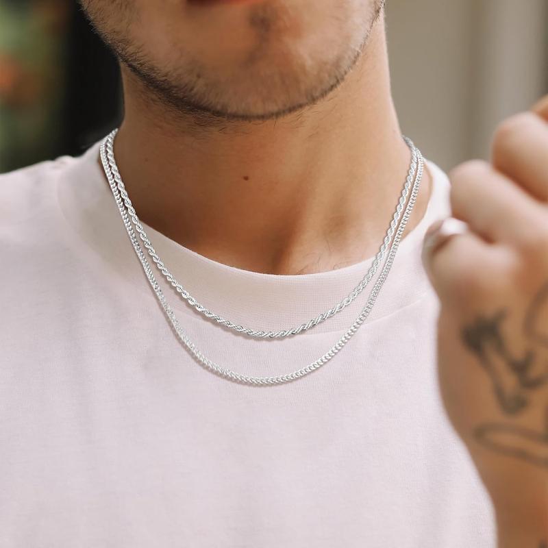 NECOCY Trendy 2Pcs 3mm Chain Necklace for Men Layered Cuban Link Rope Necklaces Set Simple Jewelry Gift 18-28 Inches Christmas 2024 Ornament