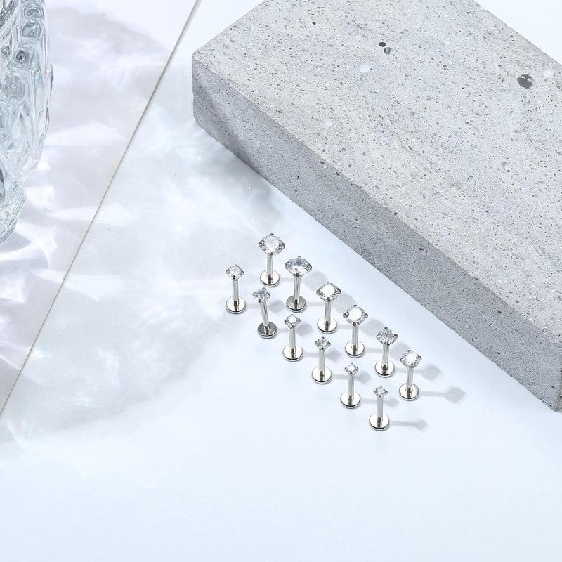 FLORIDECO 12PCS Surgical Steel Threadless Flat Back Earrings 14K Gold Plated Tragus Cartilage Earrings Push Pin Nose Studs Nostril Lip Medusa Piercing Hypoallergenic 16G Daily