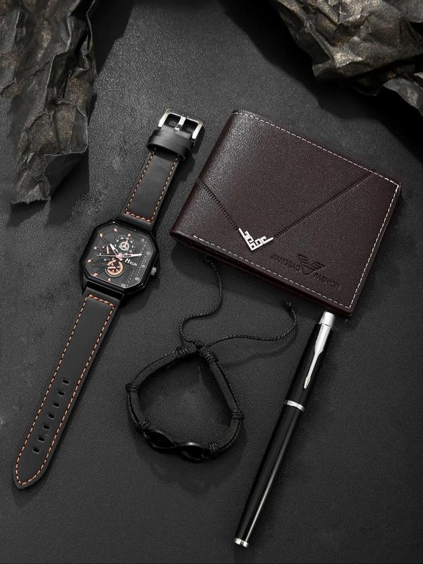 Business Style Watch & Wallet & Bracelet & Pen Set, Fashion Watch Set for Men, Trendy All-match & Exquisite Watch Set As Gift with Box