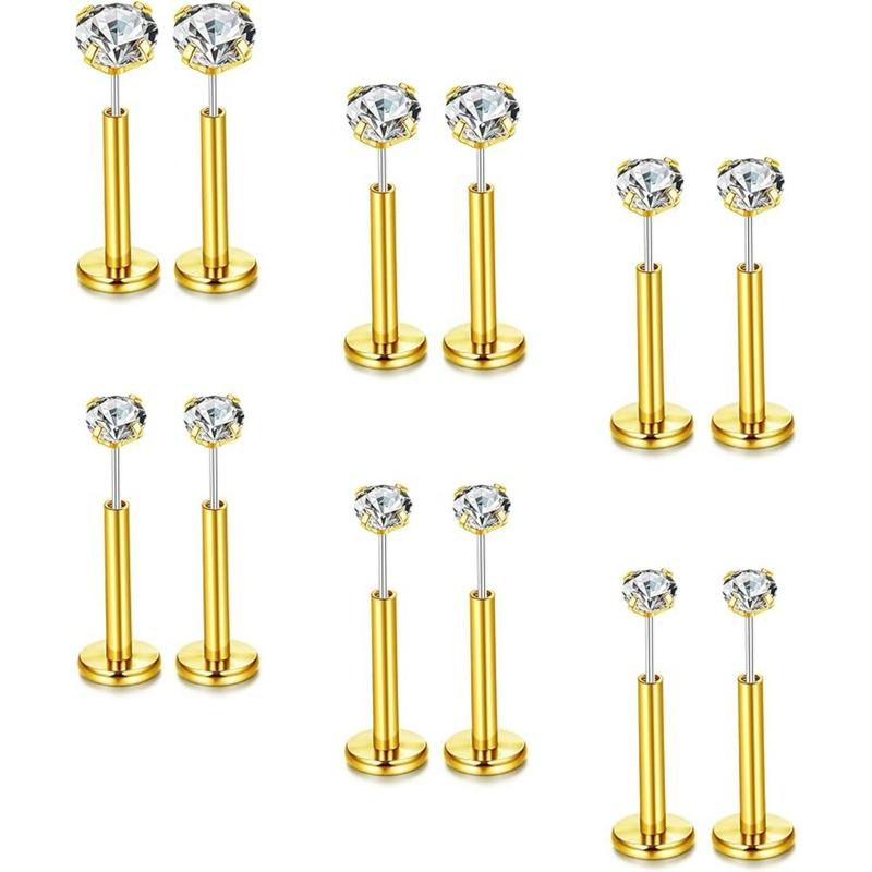 FLORIDECO 12PCS Surgical Steel Threadless Flat Back Earrings 14K Gold Plated Tragus Cartilage Earrings Push Pin Nose Studs Nostril Lip Medusa Piercing Hypoallergenic 16G Daily