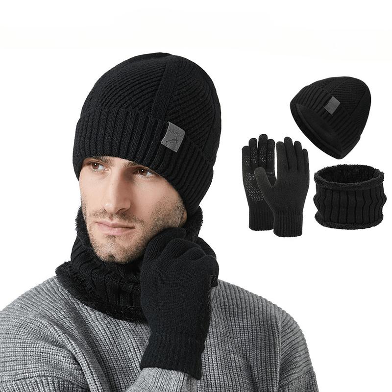 3pcs Winter Warmth Set for Men - Thickened No-Brim Beanie, Scarf, and Gloves - Blend Knit Hat, Neck Warmer, and Touchscreen Gloves - Ideal for Outdoor Activities, Cycling, Skiing, Camping, Running - Machine Washable - Black