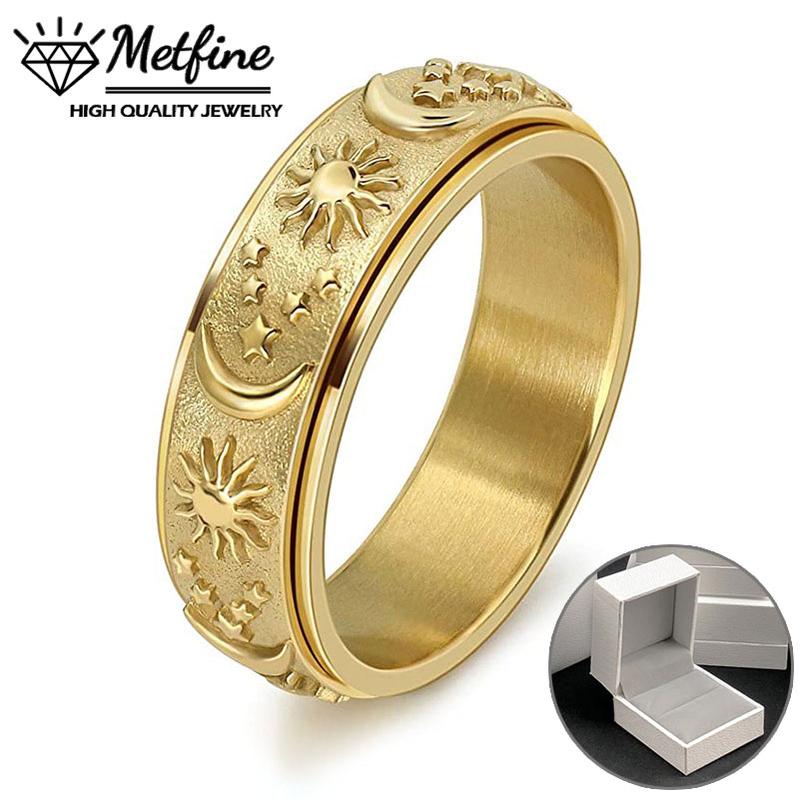 Rotatable Ring Moon Sun Star Ring Stainless Steel Boho Jewelry for Men Women with Gift Box