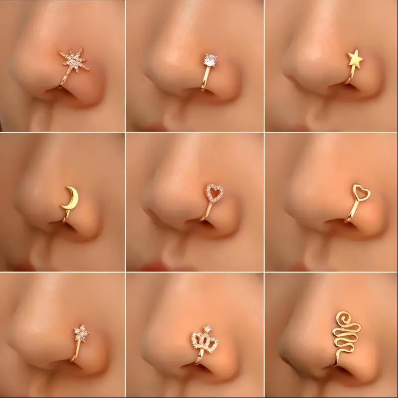 9pcs Nose Ring Jewelry Shape Nose Ring  Copper Non Piercing Nose Rings, U Shape Star Love Crown Nose Clip with Zirconia shape nose nose ring nose ring Punk Rhinestone Clip-On Gold gold  nose protection bracelet cross  septum