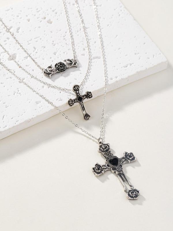 Vintage Cross & Flower & Heart Design Pendant Necklace Set, Fashion Accessories for Party, Daily Clothing Decor, Trendy All-match & Exquisite Jewelry for Birthday Gift