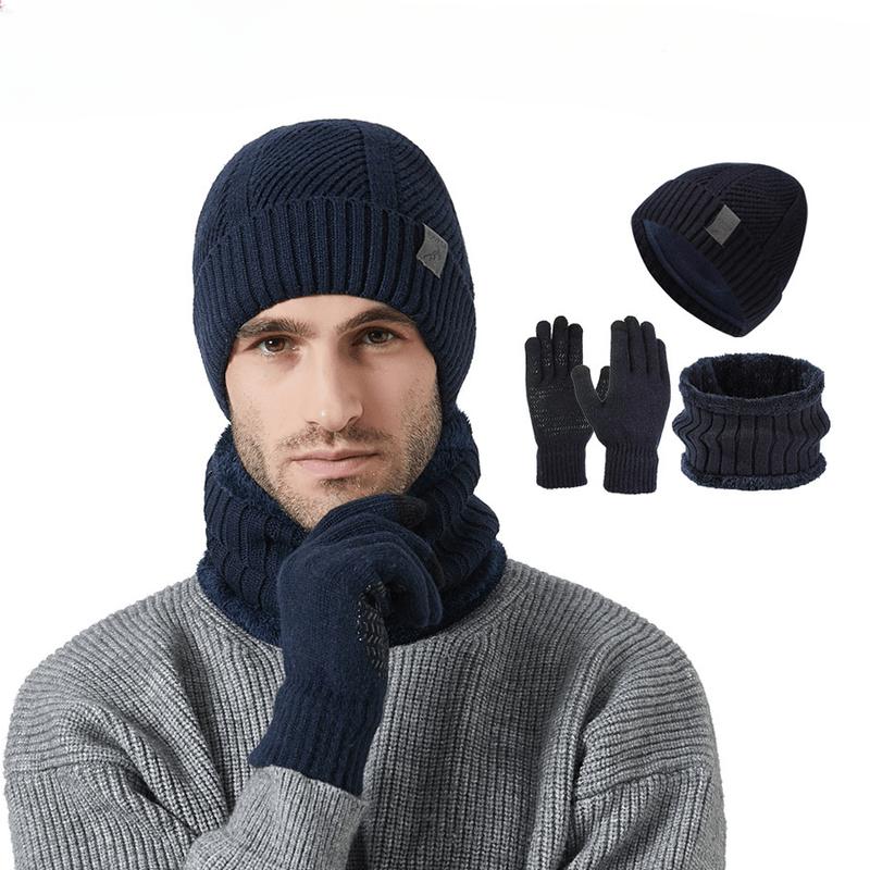 3pcs Winter Warmth Set for Men - Thickened No-Brim Beanie, Scarf, and Gloves - Blend Knit Hat, Neck Warmer, and Touchscreen Gloves - Ideal for Outdoor Activities, Cycling, Skiing, Camping, Running - Machine Washable - Black