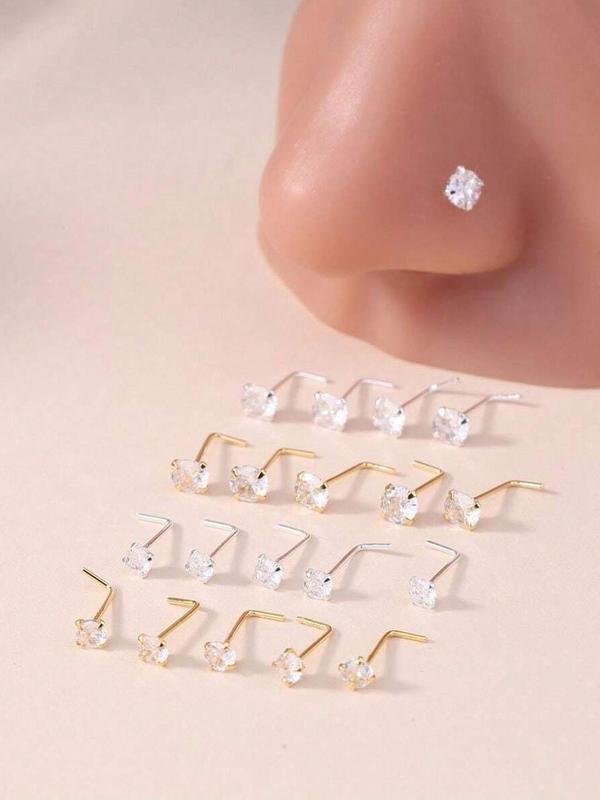 Elegant Women's Nose Ring Set, Simple Style Rhinestone Decor Nose Ring, L-shaped Studs for Daily Wear & Gift