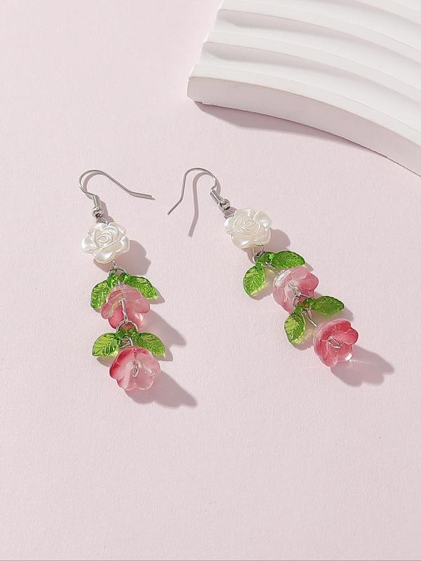 Women's Elegant Flower & Leaf Design Dangle Earrings, 1 Pair Trendy Cute Dangle Earrings, Chic Sweet Jewelry As Gift for Girlfriend