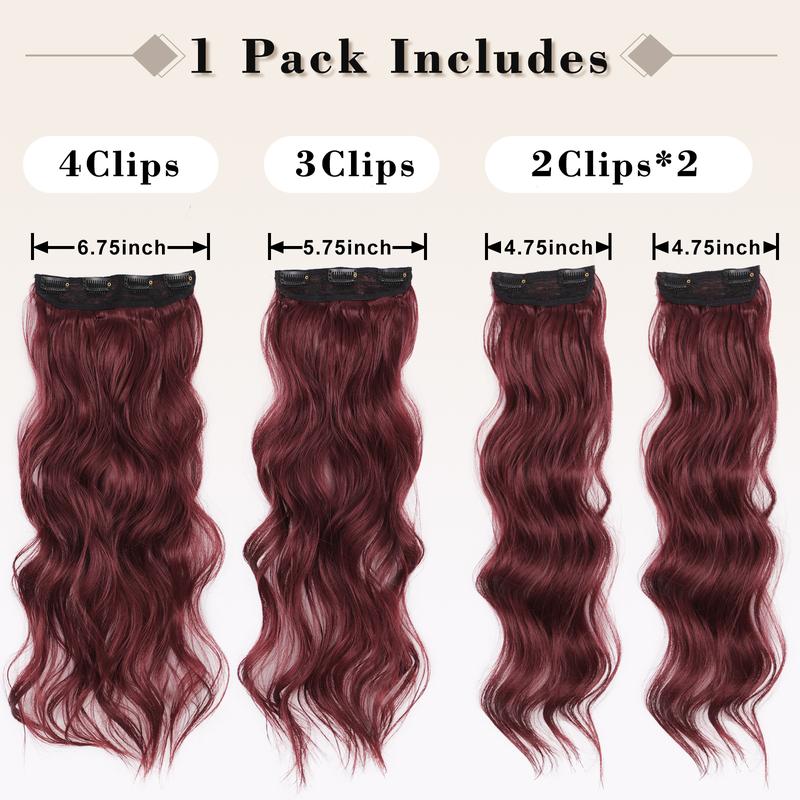 QGZ Hair Extensions Burgundy Clip in Hair Extensions 4PCS Thick Synthetic Long Wavy Hairpieces for Women 20 Inch