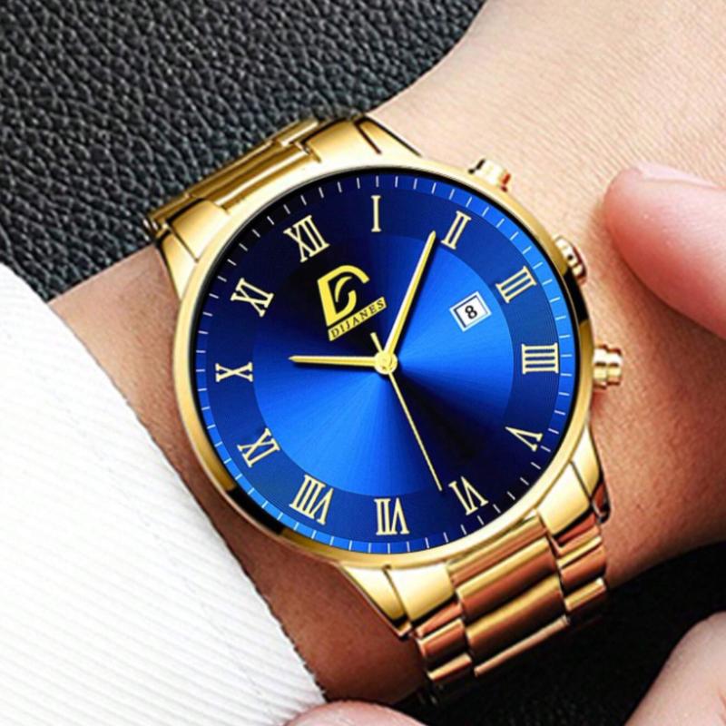 Men's Stainless Steel Quartz Watch with Date Display - Fashionable