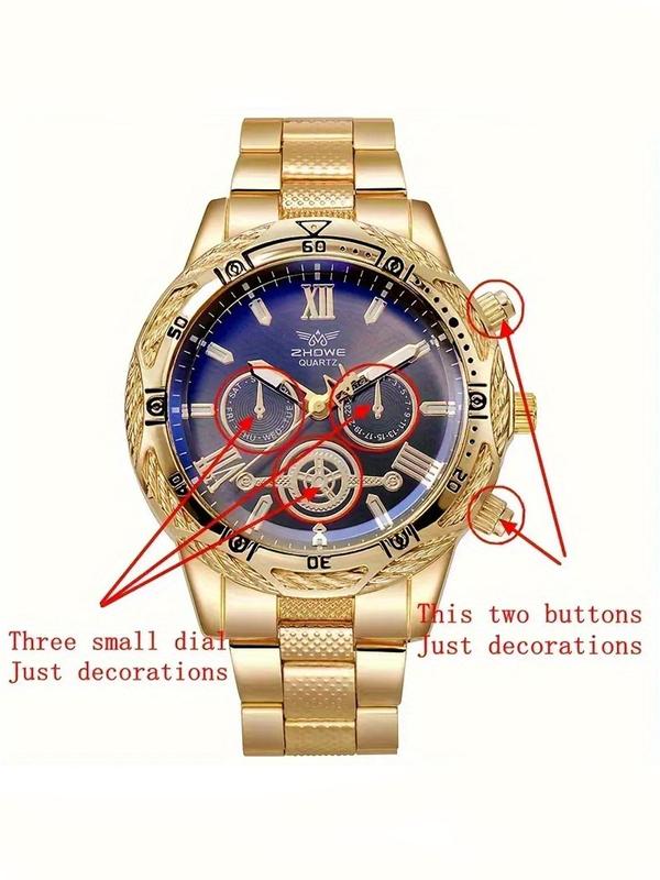 Men's Business Rhinestone Decorated Quartz Watch & Chain Bracelet & Necklace, Fashion Watch Set for Party, Daily Clothing Decor, Trendy All-match & Exquisite Watch Set for Gift