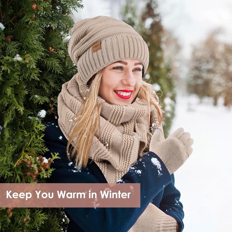 Women Beanie Hat Scarf Gloves Set Fleece Lined Winter Warm Hat Long Knit Scarf Touchscreen Gloves for Cold Weather