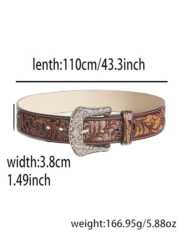 Women's Boho Style Rhinestone Decorated Leaf Print Embossed Western Belt, 2024 Vintage Trendy Western Belt for Cowgirl & Cowboy, Cool Female Male Daily Wear