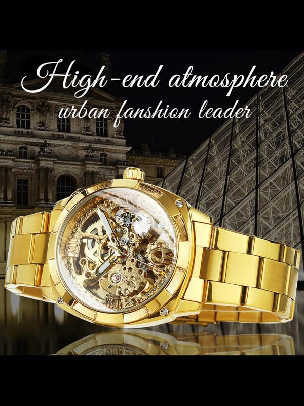 Men's Luxury Round Automatic Mechanical Watch, Fashion Luminous Hands Watch for Party, Daily  Decor, Trendy  Exquisite Watch for Birthday Gift with Box