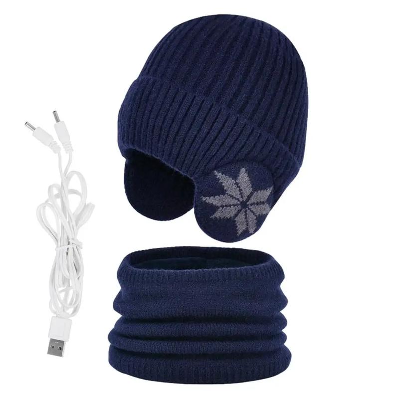 2 in 1 Winter Knitted Cap Neck Warmer USB Heated Beanie Hat Scarf Outdoor Cold Weather Rechargeable Heated Knitting Beanies