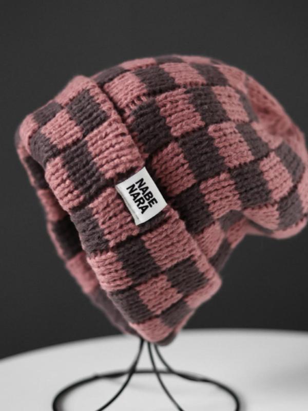 Fashionable Patched Checkerboard Pattern Beanie, New Trendy Fitted Cool Hats for Men & Women, Casual Warm Knit Hat for Fall & Winter, Top Tier Beanie, Fashion Accessories