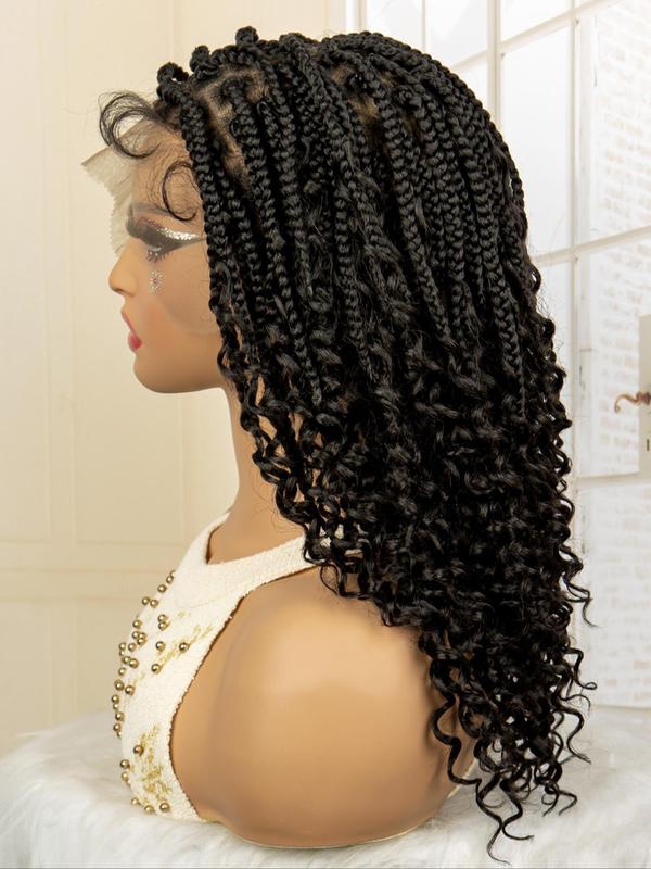 Black Curly Braided Lace Wigs for Women, Natural Looking Gorgeous Fluffy Wigs with Baby Hair Bangs, Synthetic Braided Full Lace Wigs for Party Photography, Daily Use Braids Hairstyles