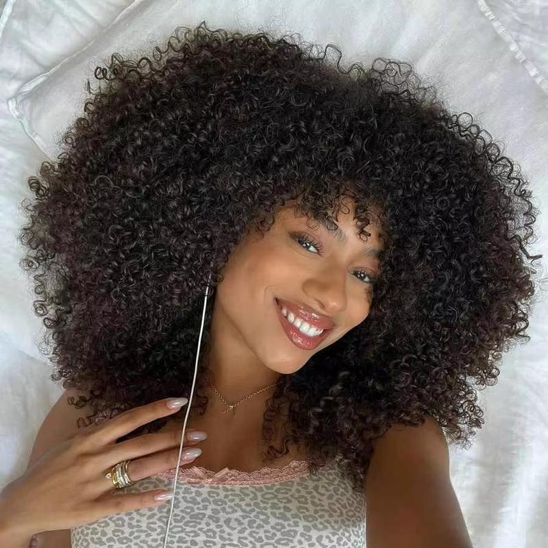 Kinky Curly Wigs with Bangs 200% Density Brazilian Remy Human Hair Full Machine Made Wigs Short Curly Wigs For Women