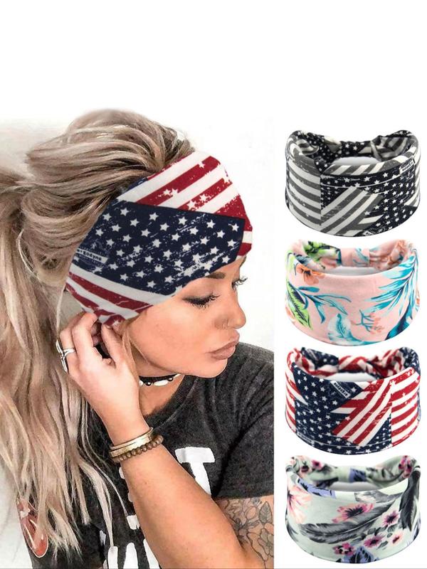 Star & Striped Pattern Sports Hair Band, Asymmetrical Ruched Design Wide Band Hair Band, Sweat Absorbing Hair Band for Women & Girls, Sport & Outdoor Clothing Accessories