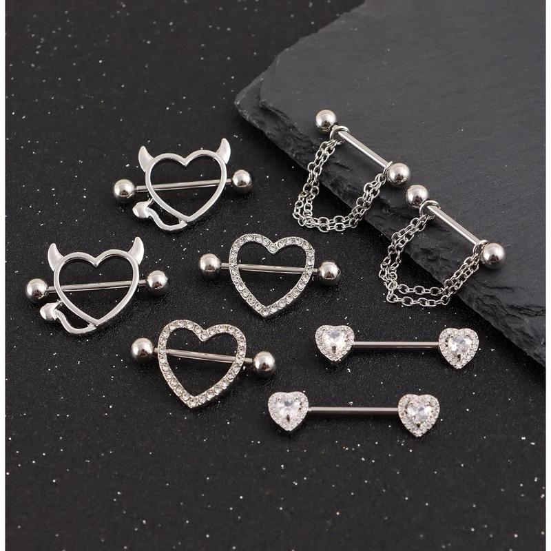 18Pcs Stainless Steel Nipple Rings for Women Tongue Ring Piercing Body Jewelry Barbell CZ Heart Shape Barbells Piercing Rings