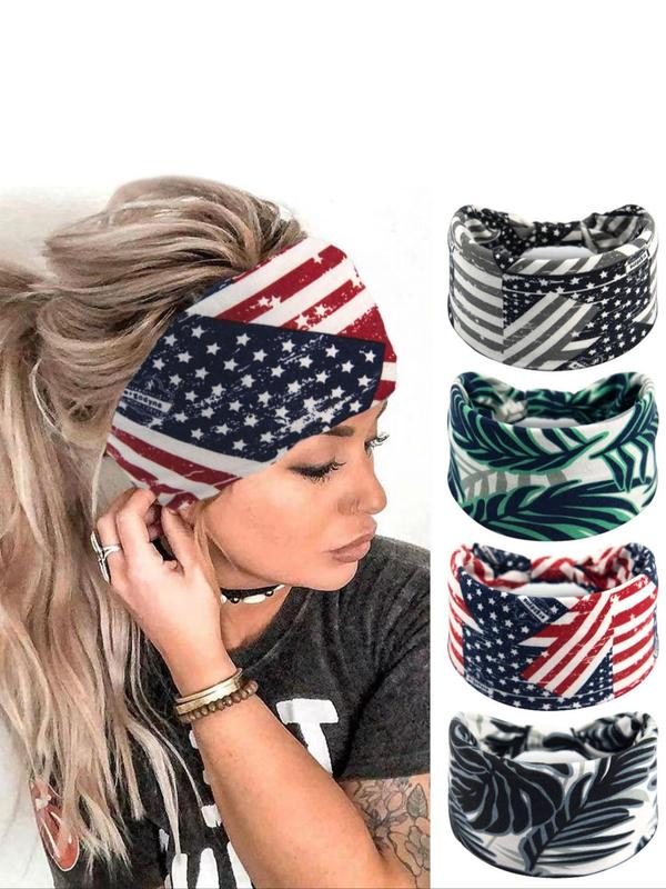 Star & Striped Pattern Sports Hair Band, Asymmetrical Ruched Design Wide Band Hair Band, Sweat Absorbing Hair Band for Women & Girls, Sport & Outdoor Clothing Accessories