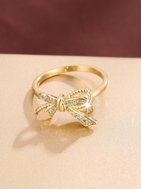 Women's Elegant Rhinestone Decorated Bow Design Ring, Exquisite Copper Trendy Ring, Fashionable Jewelry for Women As Gift