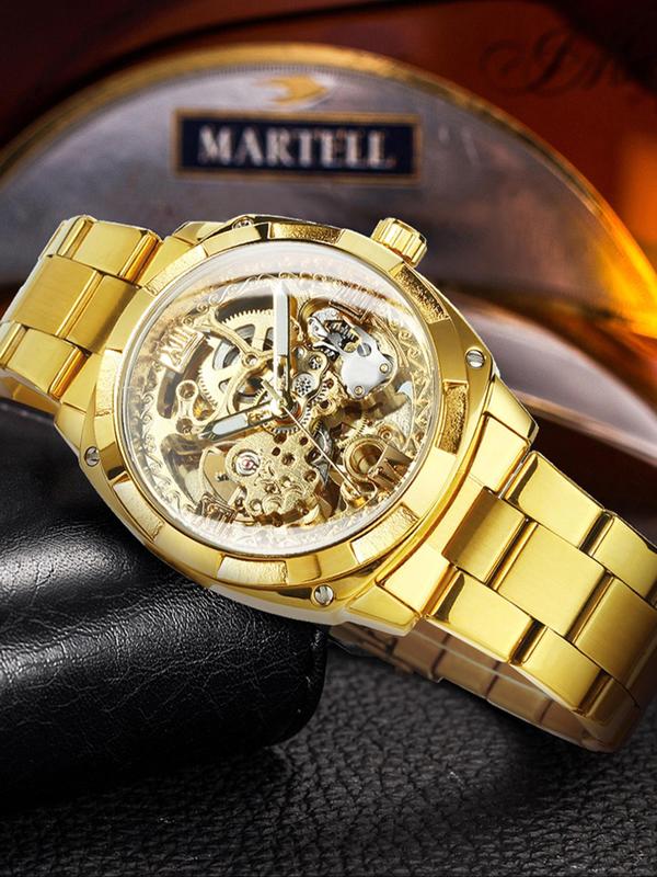 Men's Luxury Round Automatic Mechanical Watch, Fashion Luminous Hands Watch for Party, Daily  Decor, Trendy  Exquisite Watch for Birthday Gift with Box