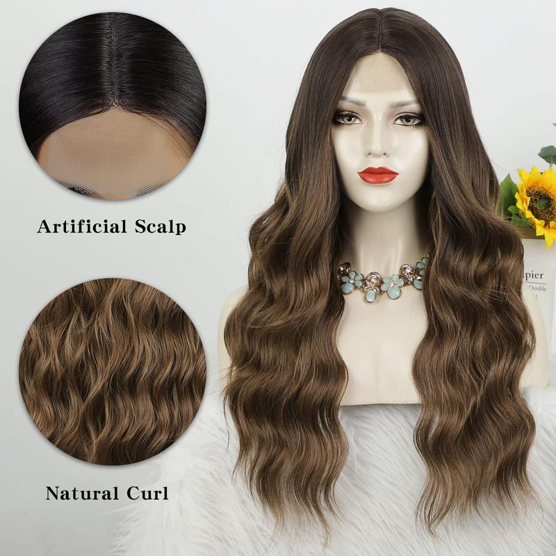 AISI HAIR Long Ombre Brown Wavy Wigs for Women Brown Curly Wig Middle Part Hair Replacement Wigs Synthetic Heat Resistant Fibers for Daily Use