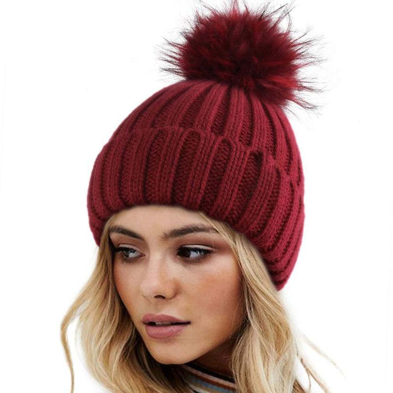 SeSe Code Women's Winter Knitted Beanie Hat with Satin Lining and Faux Fur Pom Pom Warm Skull Cap