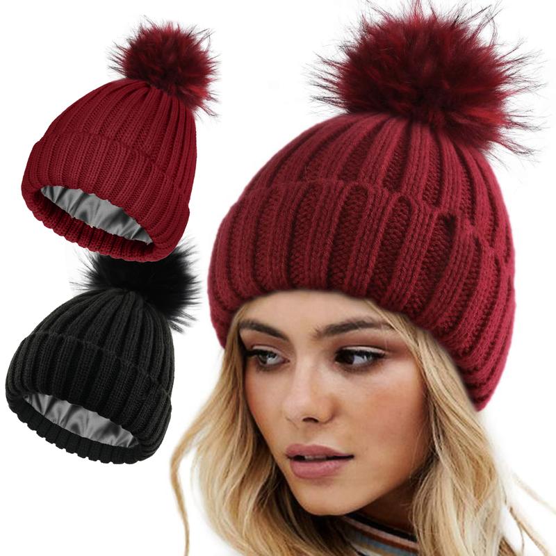 SeSe Code Women's Winter Knitted Beanie Hat with Satin Lining and Faux Fur Pom Pom Warm Skull Cap