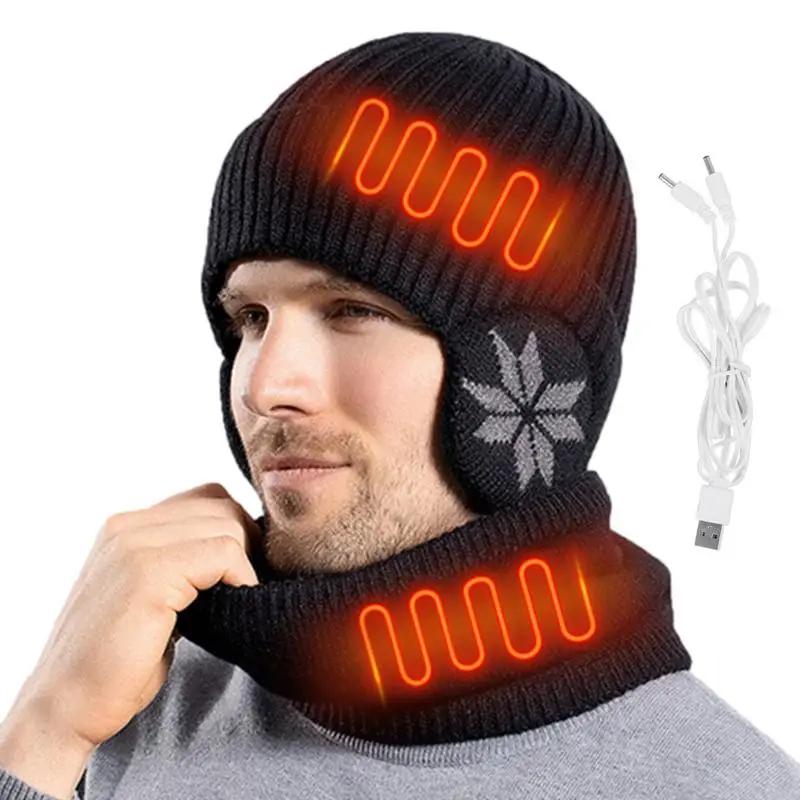 2 in 1 Winter Knitted Cap Neck Warmer USB Heated Beanie Hat Scarf Outdoor Cold Weather Rechargeable Heated Knitting Beanies