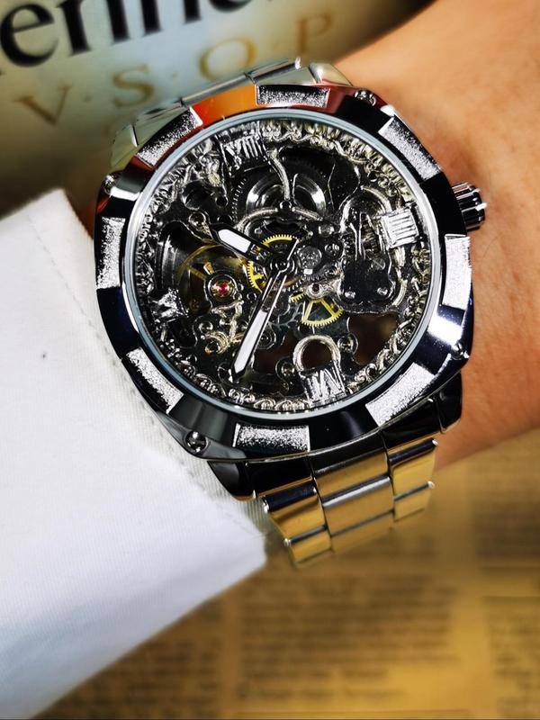 Men's Luxury Round Automatic Mechanical Watch, Fashion Luminous Hands Watch for Party, Daily  Decor, Trendy  Exquisite Watch for Birthday Gift with Box