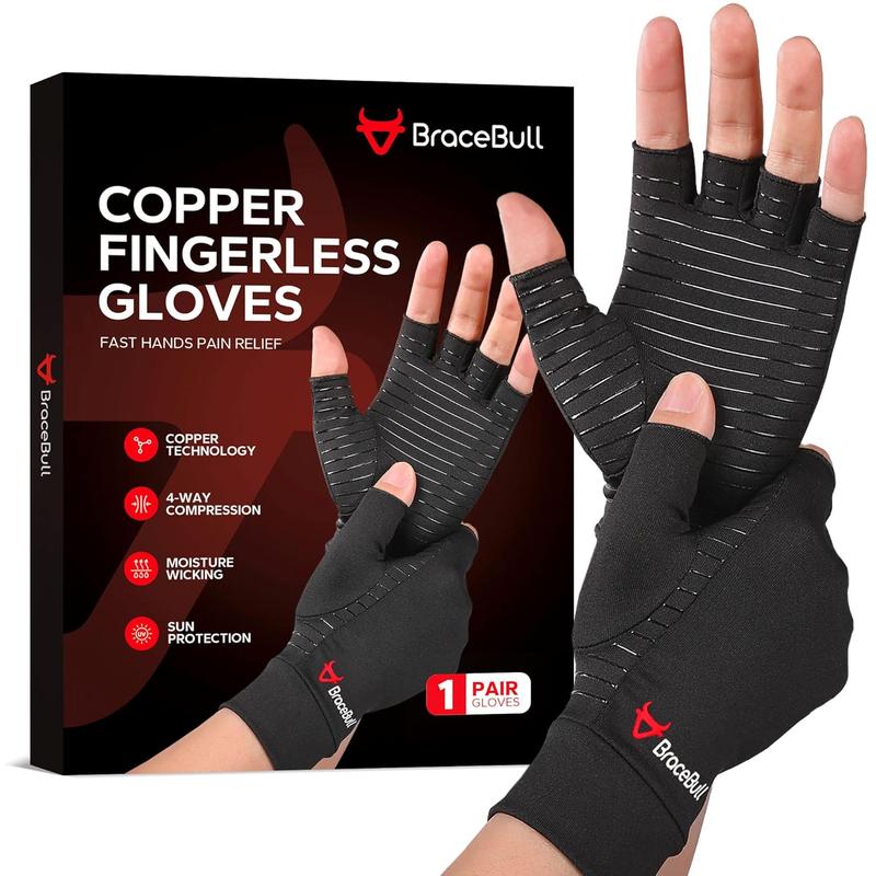 BraceBull  Gloves (2 Count), Copper Infused Fingerless  Gloves for Hand , , RSI, Rheumatoid, , and    for Women & Men (M, Black)