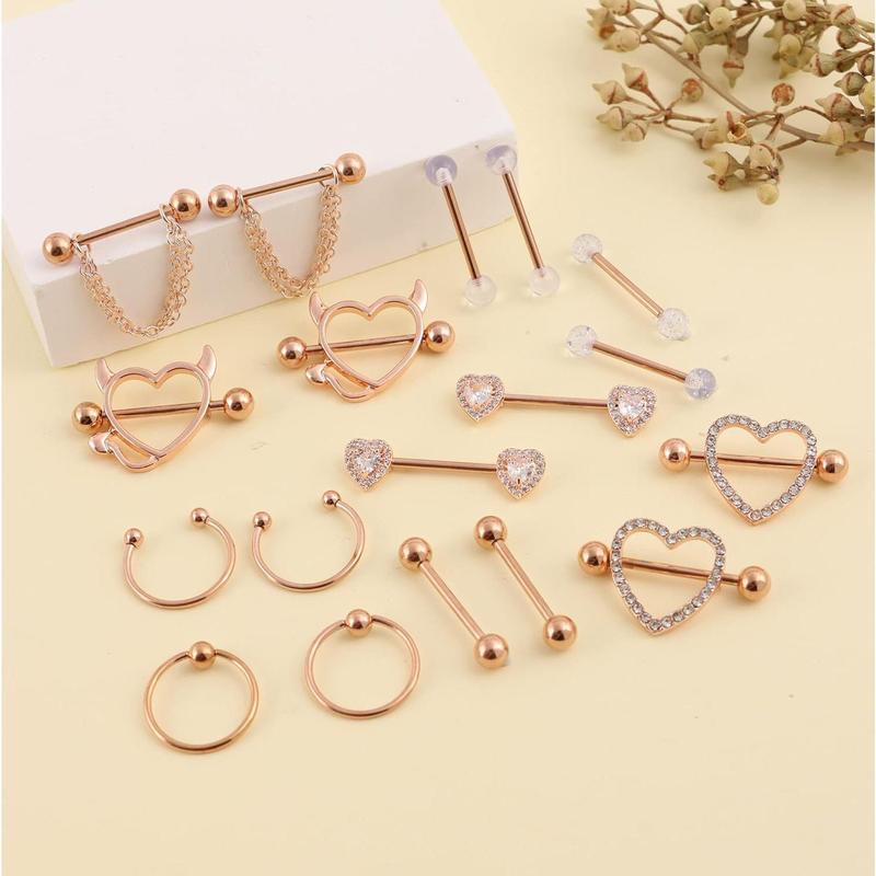 18Pcs Stainless Steel Nipple Rings for Women Tongue Ring Piercing Body Jewelry Barbell CZ Heart Shape Barbells Piercing Rings