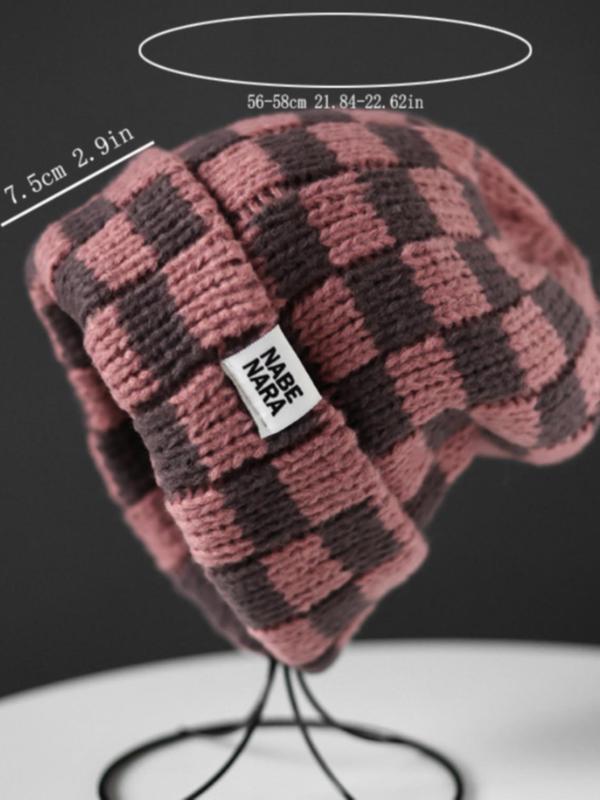 Fashionable Patched Checkerboard Pattern Beanie, New Trendy Fitted Cool Hats for Men & Women, Casual Warm Knit Hat for Fall & Winter, Top Tier Beanie, Fashion Accessories