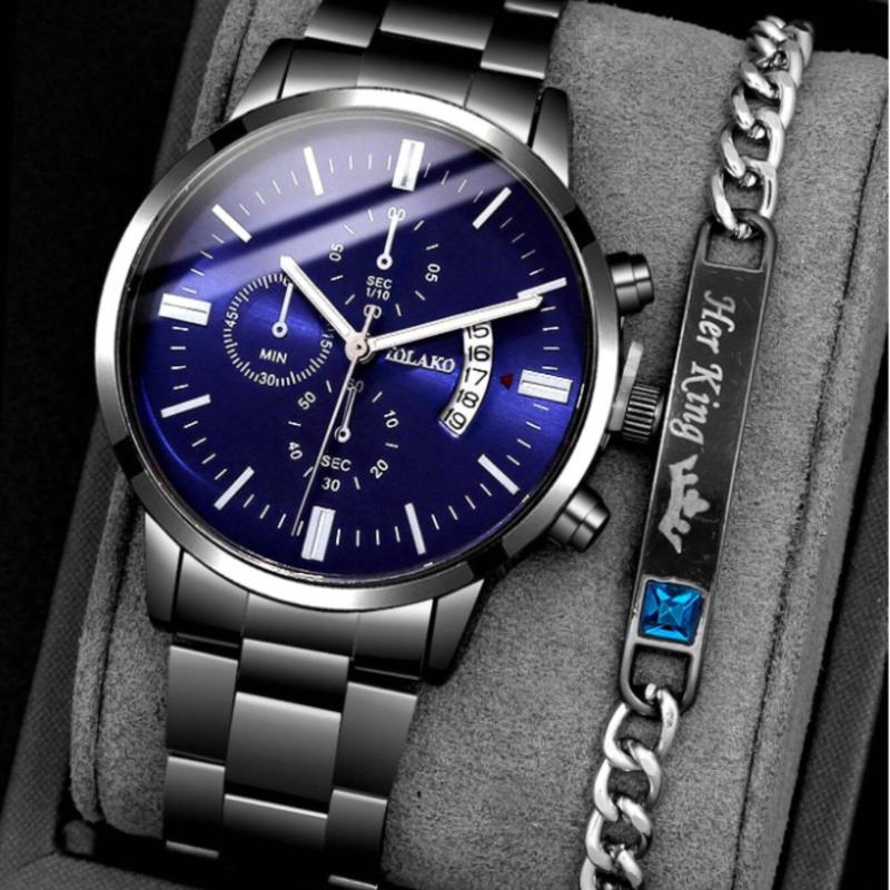 Gentleman's Calendar Steel Band Quartz Watch with Blue Cubic Zirconia Alloy Bracelet Combination Set for fathe's day gift