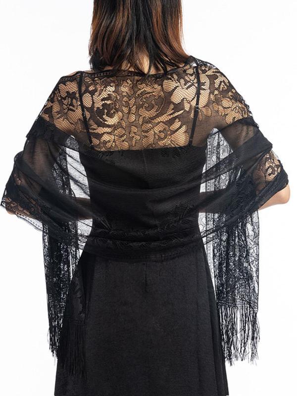 Women's Elegant Floral Lace Tassel Trim Shawl, Soft Comfortable Shawl for Party Evening Formal Occasions, Fashion Accessories for Women