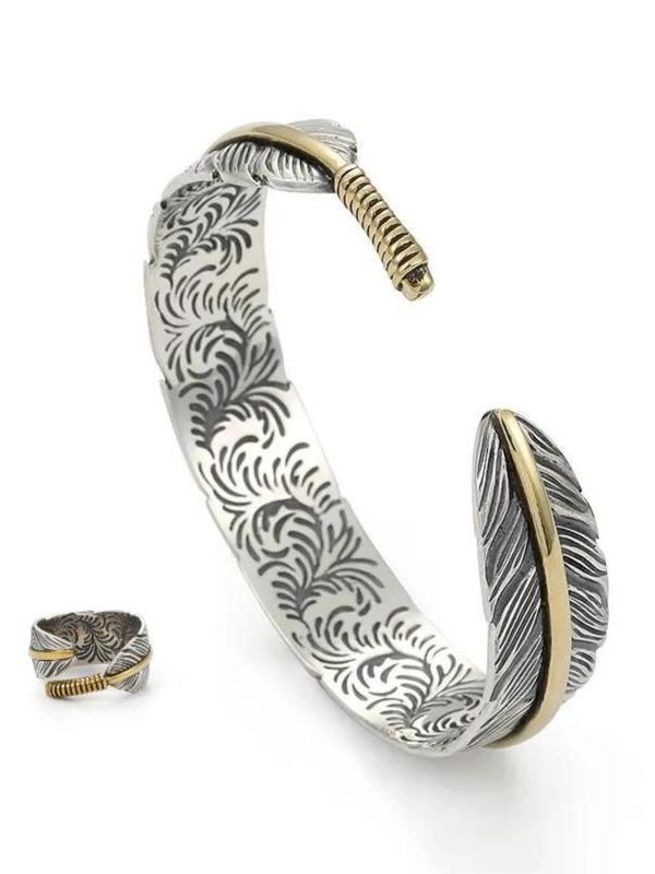 Men's Boho Style Feather Design Cuff Bangle & Ring, 2024 New Style Fashion Jewelry for Party, Daily Clothing Decor, Trendy All-match & Exquisite Jewelry for Birthday Gift