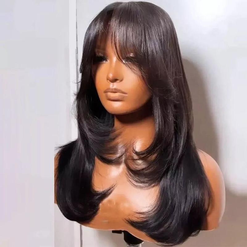 Jessie's Wig [Gola] Curtain Bangs Wavy Layer Cut 7x5 Pre Cut Lace Wig Glueless Human Hair Wig - Medium Cap Size