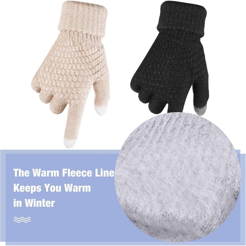 2 Pairs Women's Winter Touchscreen Gloves Warm Fleece Lined Knit Gloves Elastic Cuff Winter Texting Gloves