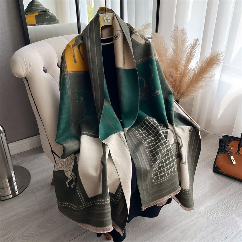 Luxury Warm Poncho Cashmere Winter Women Scarf Horse Print Shawl Wraps Female Thick Pashmina Blanket Bufanda Travel Echarpe 2024