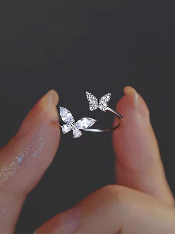 Rhinestone Decorated Butterfly Design Cuff Ring, Elegant Trendy Matching Jewelry For Party, Daily Clothing Decor For Girl