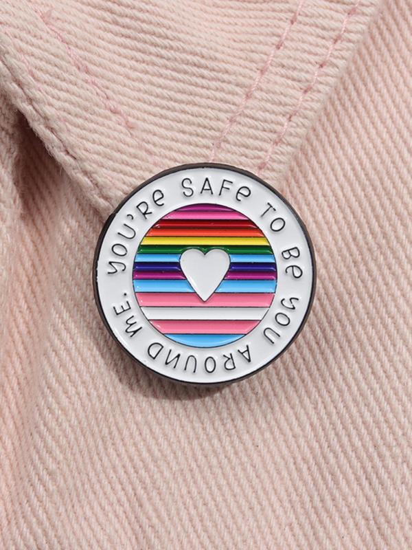 Heart & Letter & Colorful Stripe Design Brooch, Cute Round Shaped Clothes Brooch, Fashion Accessories for Women & Men