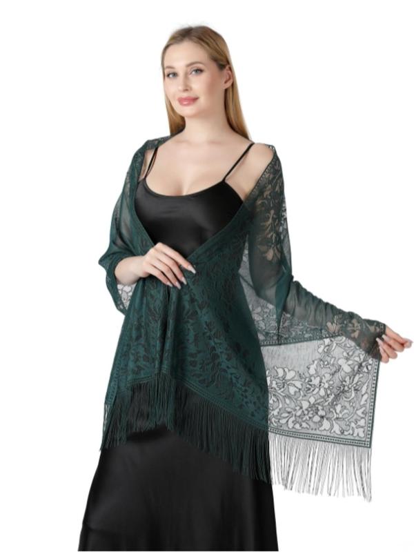 Women's Elegant Floral Lace Tassel Trim Shawl, Soft Comfortable Shawl for Party Evening Formal Occasions, Fashion Accessories for Women