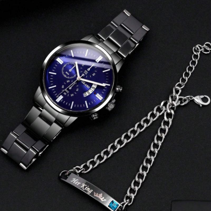 Gentleman's Calendar Steel Band Quartz Watch with Blue Cubic Zirconia Alloy Bracelet Combination Set for fathe's day gift