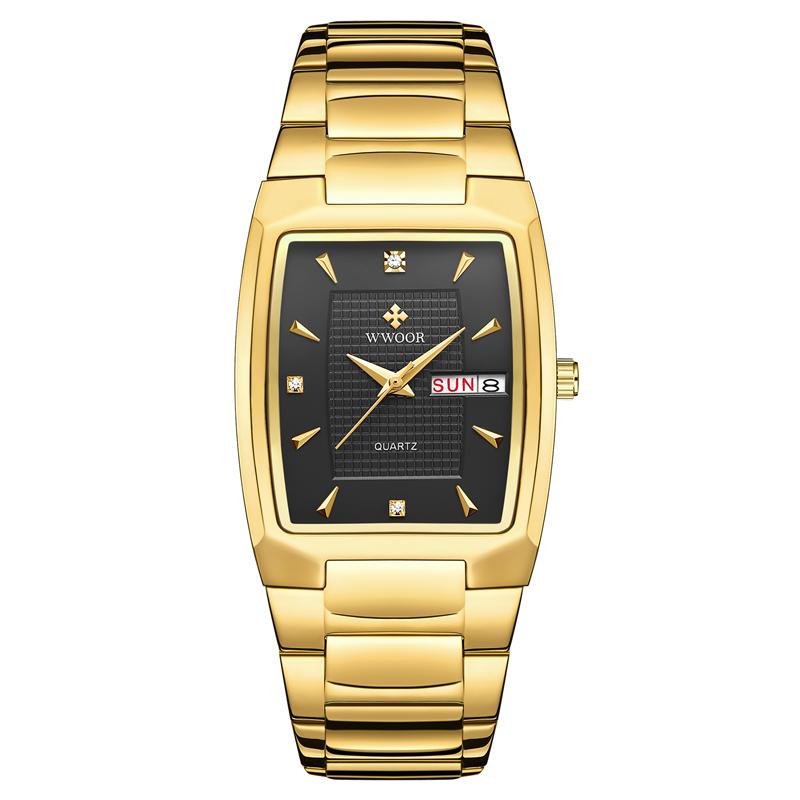 WWOOR Square Gold Watches for Men Stainless Steel Luxury Business Waterproof Wristwatches Fashion Quartz Classic Wrist Watches Relojes para hombre